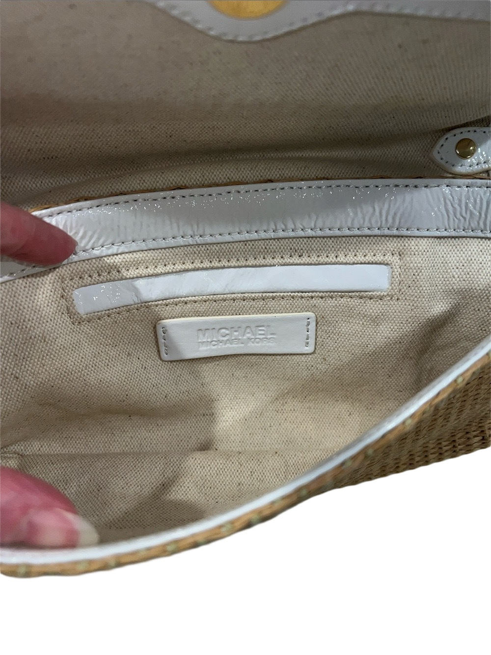 MICHAEL Michael Kors Tan Raffia Shoulder Bag with White Patent Trim - Picture 7 of 12
